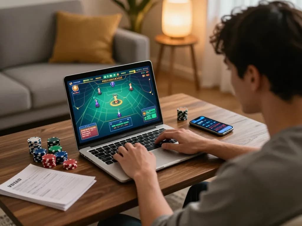 ku88 player enjoying online gambling session on laptop in cozy home setting