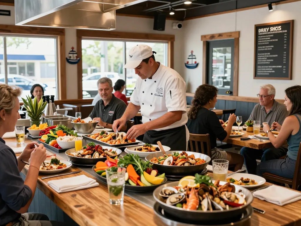 Experience seafood dining at https://www.theshackok.com/ with chefs preparing fresh dishes in a vibrant restaurant atmosphere.