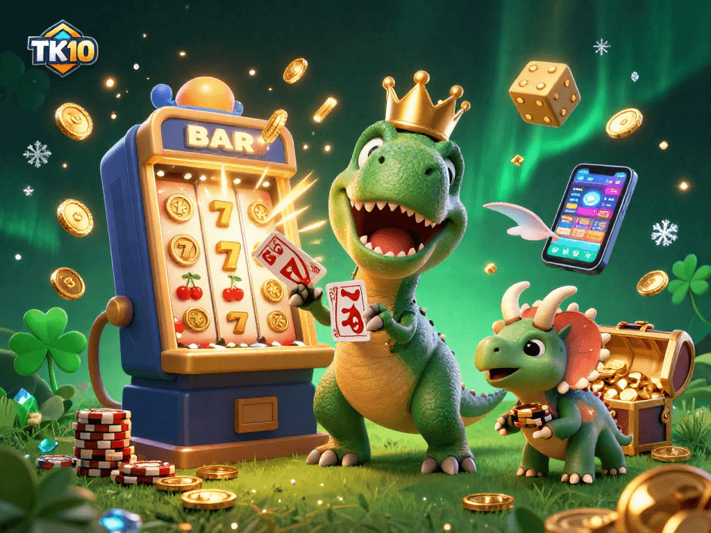 Engage with TK10's thrilling gaming experience featuring adorable 3D characters in a vibrant casino scene.