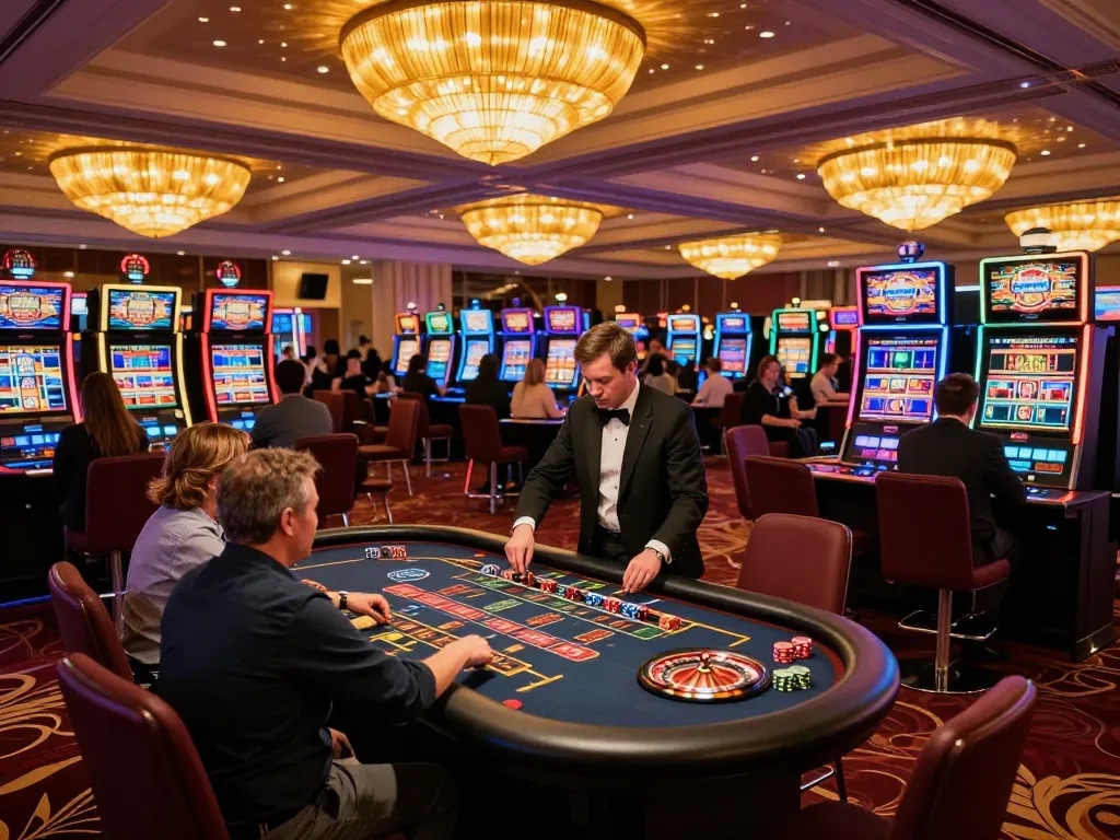 Players engaging in thrilling gameplay at du88 casino floor showcasing lively slot machines and roulette table.