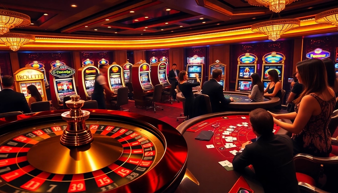 Experience the thrill of gaming at BG Casino with players engaging at tables and vivid slot machines.