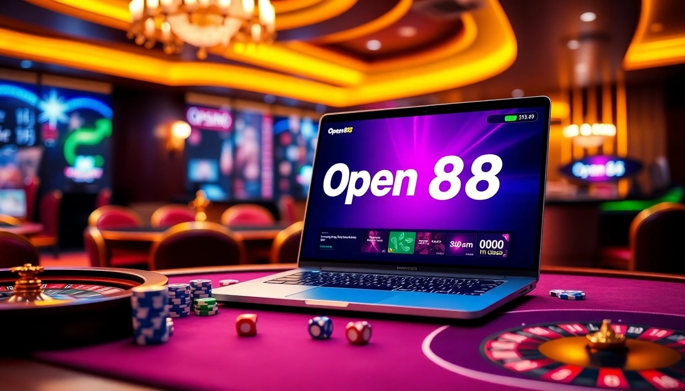 A gambler engages with the Open88 online platform, showcasing casino elements like poker chips, dice, and a roulette wheel.