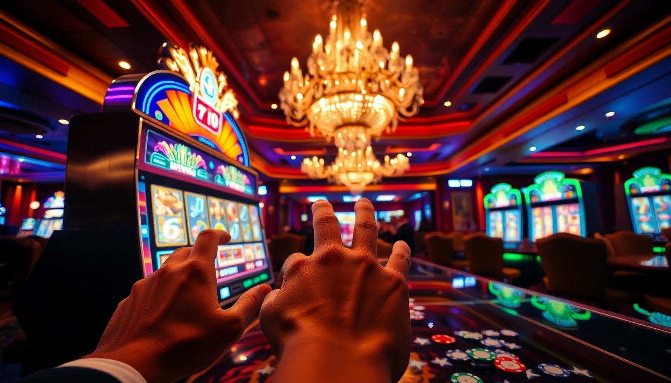 Memenangkan permainan slot yang cerah di setting kasino mewah yang penuh dengan kegembiraan dan antisipasi.