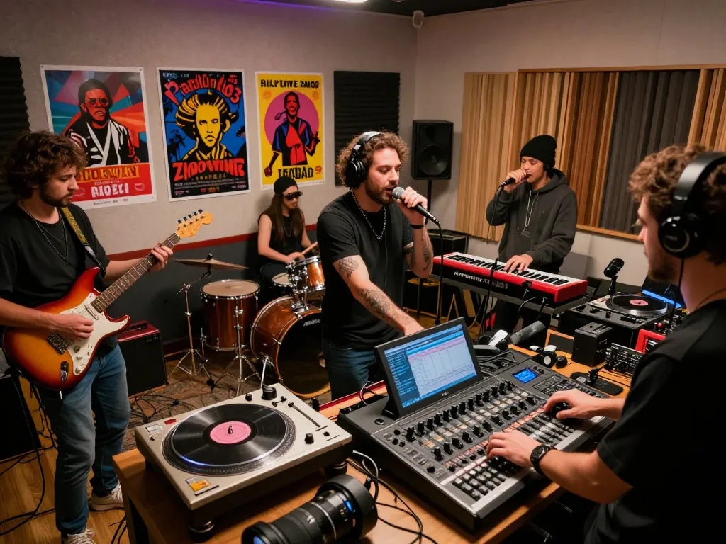 Suasana produksi musik kolaboratif yang menampilkan artis hotplay103 di studio yang penuh warna.