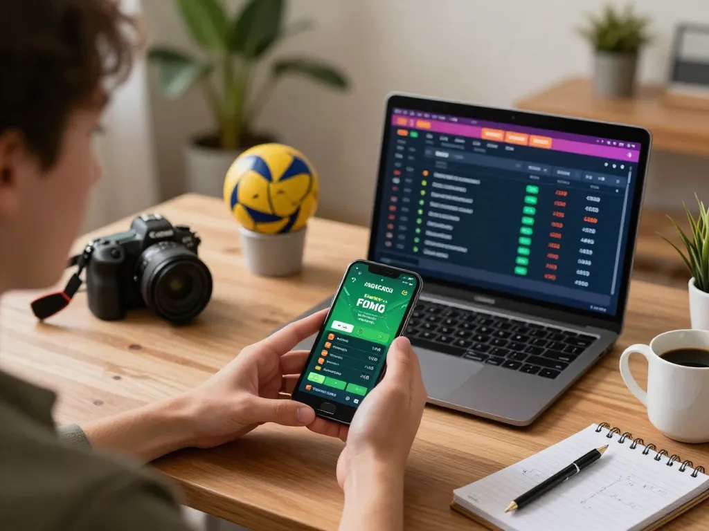 Person using the Fabet app for live sports betting on smartphone in stylish home office