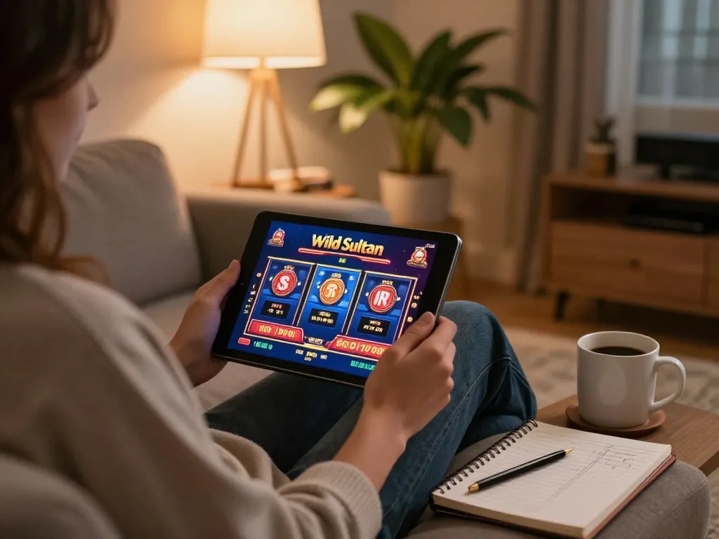 Person engaging with Wild Sultan Casino on their tablet, showcasing an inviting home gaming atmosphere.