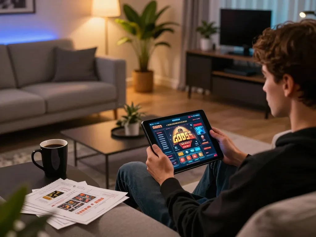 Engaging in online gameplay at God55 with a cozy home setting and strategic gaming notes.