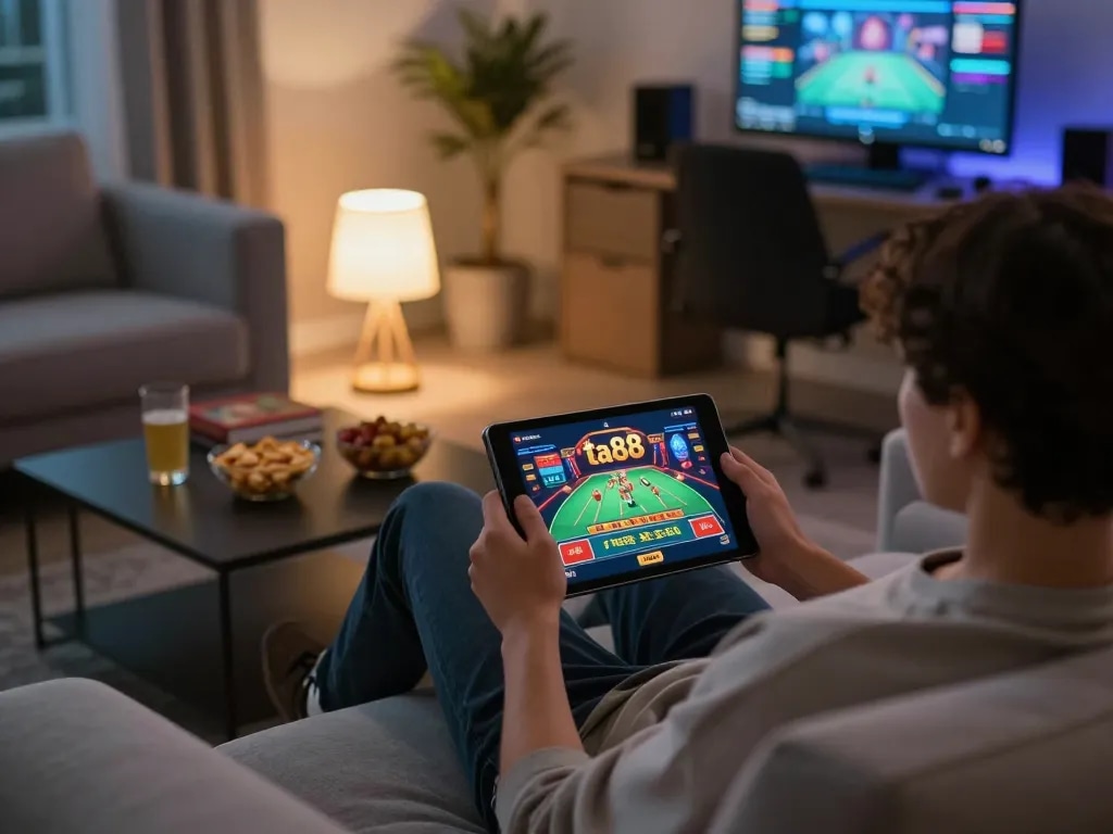 Player engaging in online casino gaming on the ta88 platform from a cozy living room