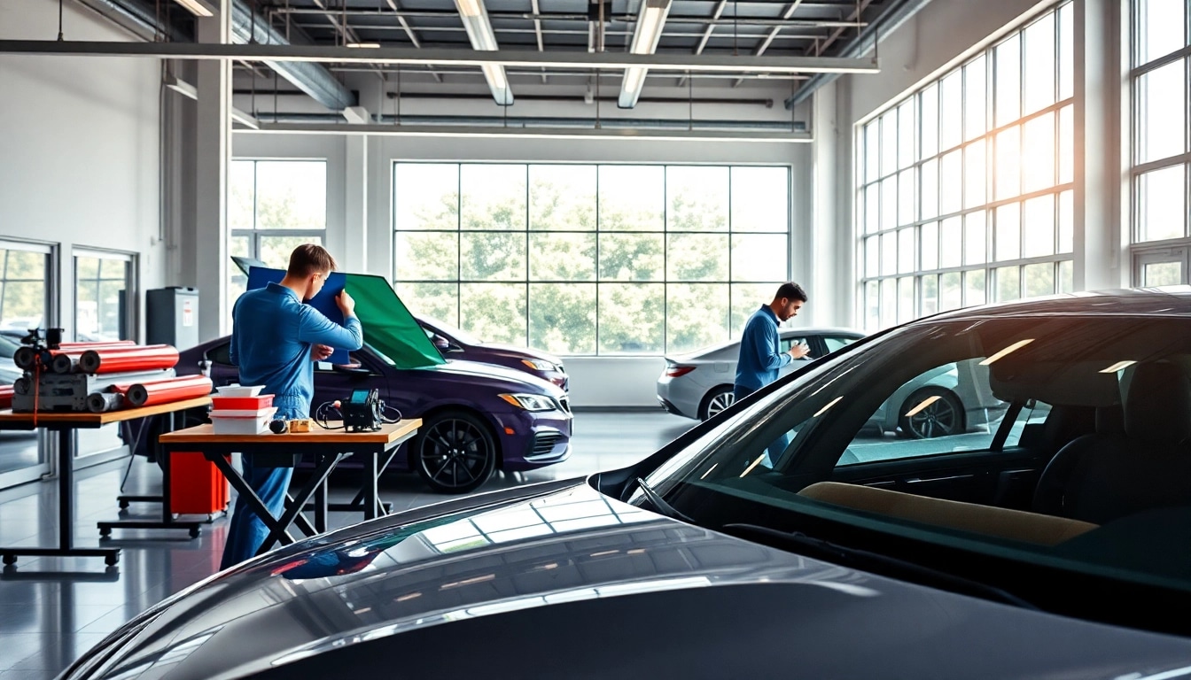Experience expert window tinting Cleveland TN with skilled technicians in a vibrant, modern workshop.