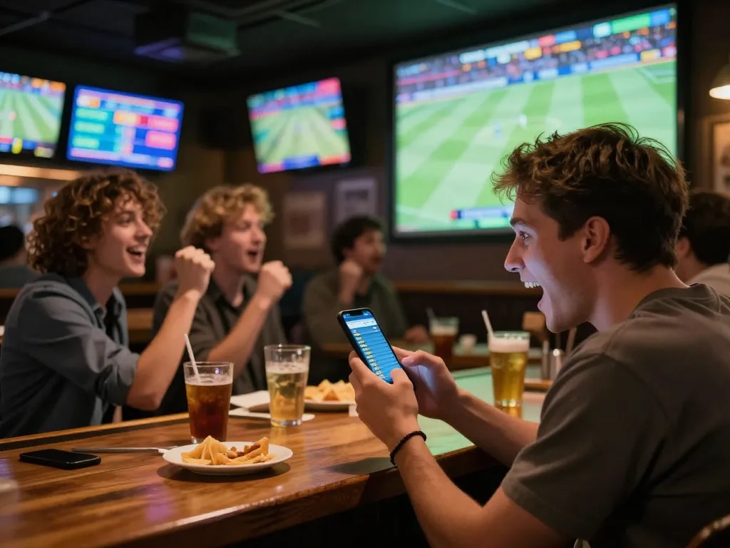 Excited sports betting moments with kèo nhà cái displayed on smartphone at a lively sports bar