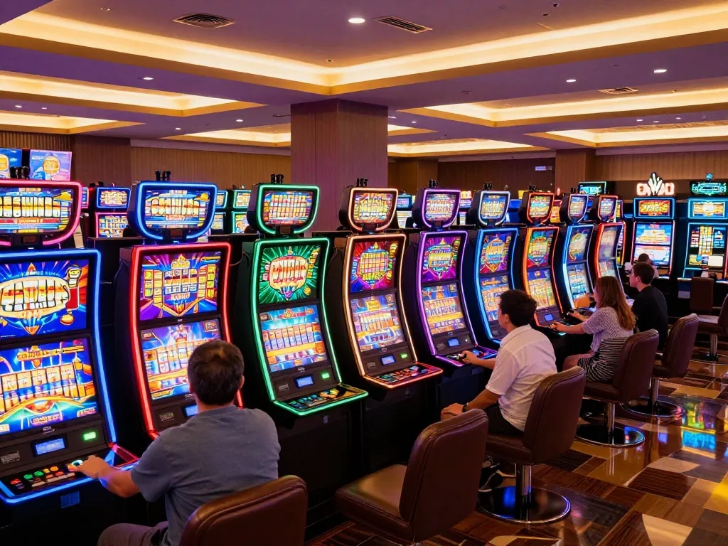 Players enjoying spins on vibrant slot machines at a situs slot gacor venue, showcasing excitement and dynamic gameplay