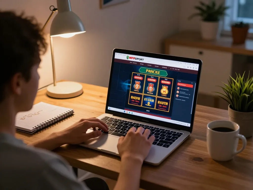 Engaging with MPOSPORT online gaming interface on a cozy home setup.
