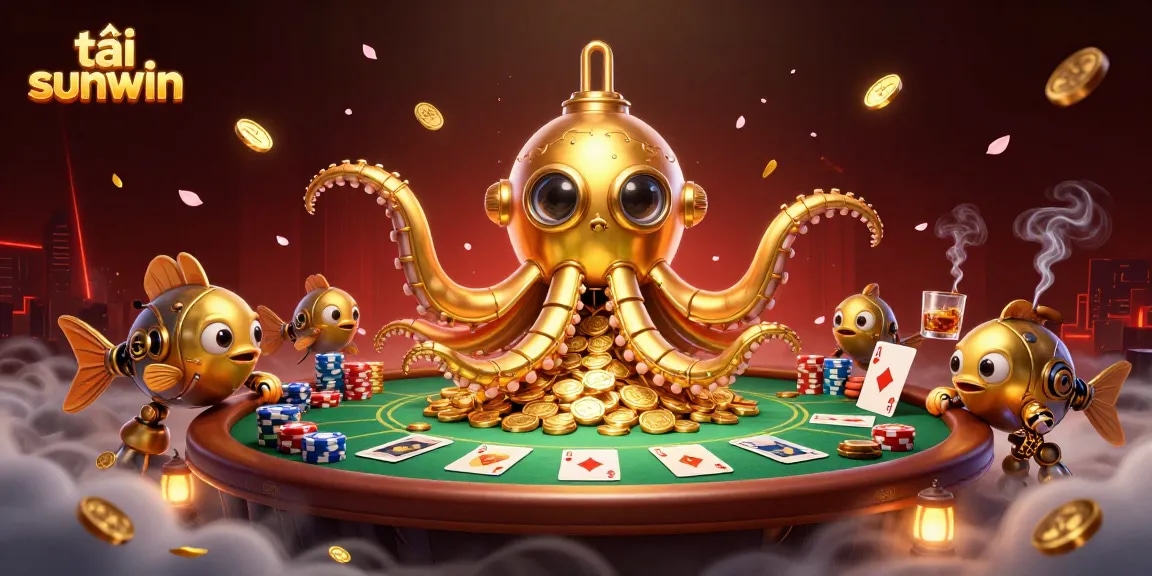 Engage in thrilling gameplay with tải sunwin, featuring a golden kraken submarine in a vibrant casino world.