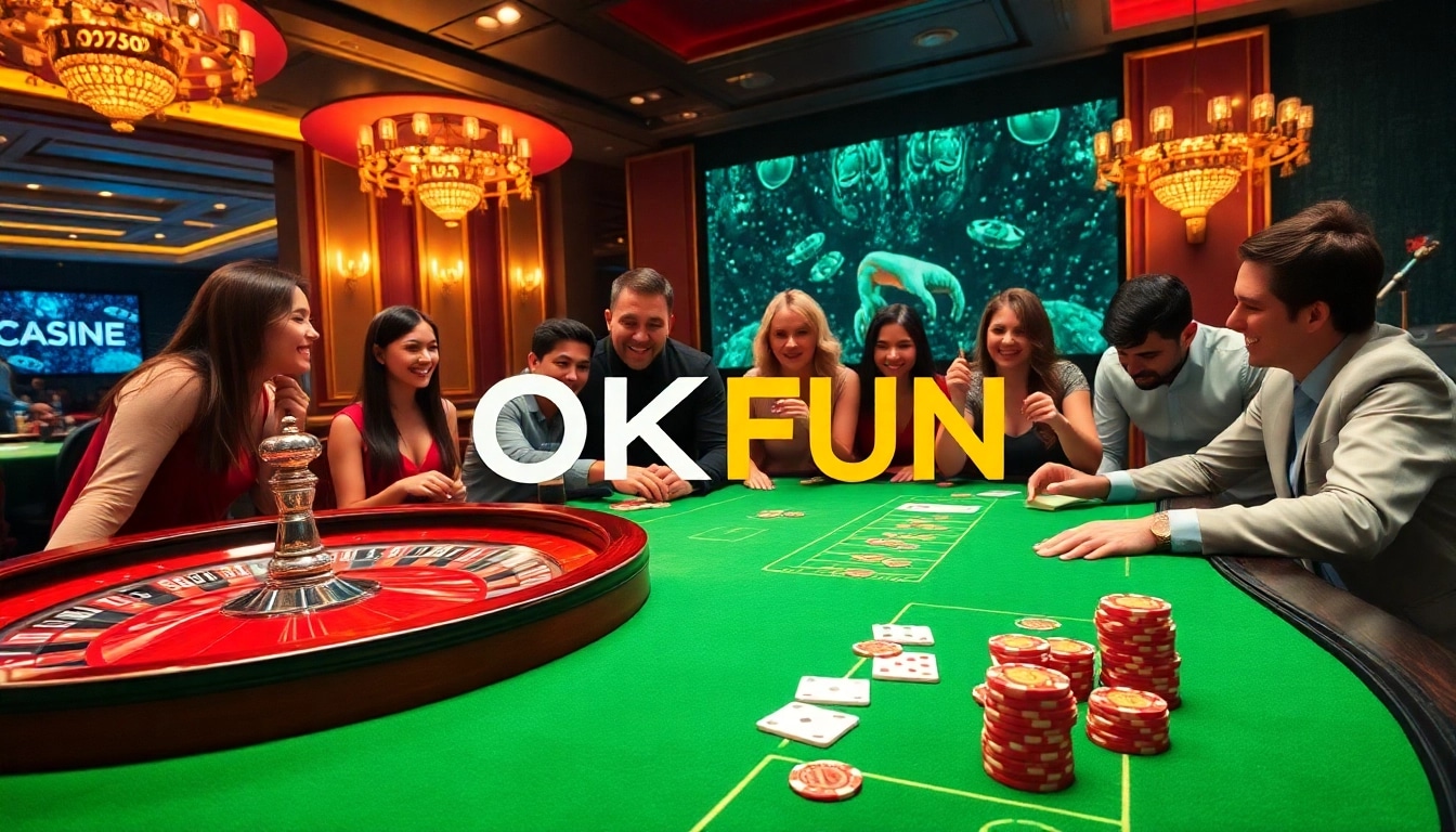 Experienced players enjoying vibrant casino gaming at OKFUN, with rich decorations and thrilling atmosphere.
