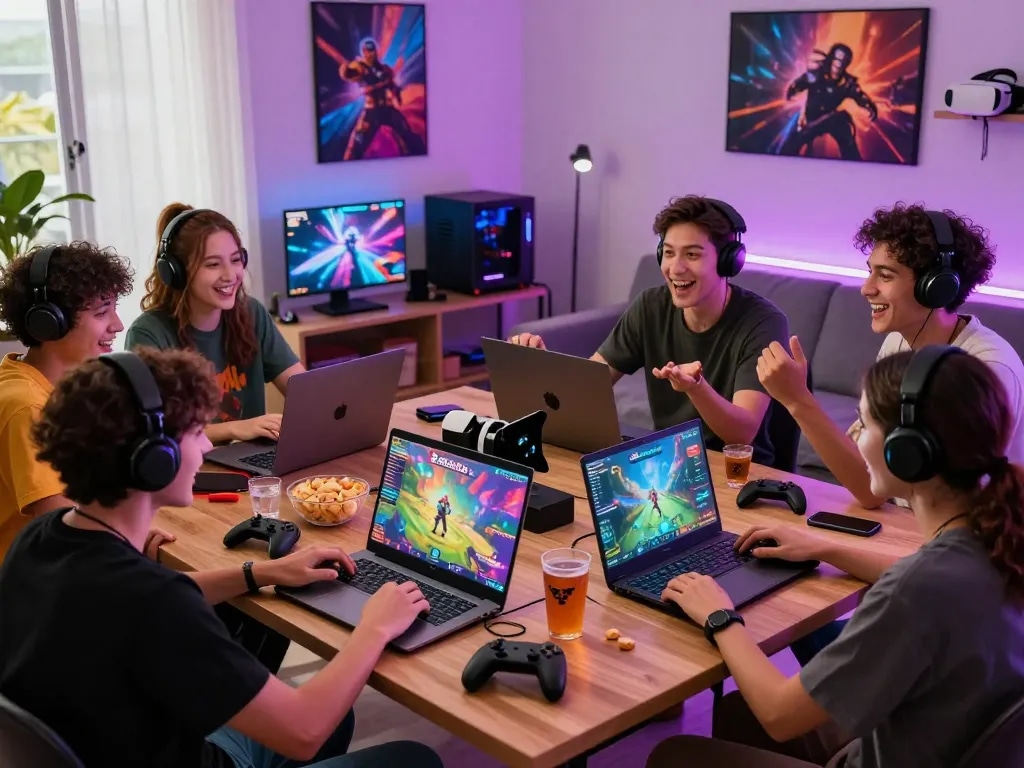 Diverse friends enjoying a digital gaming night with Barcaslot, showcasing an engaging gaming experience in a vibrant living room setting.