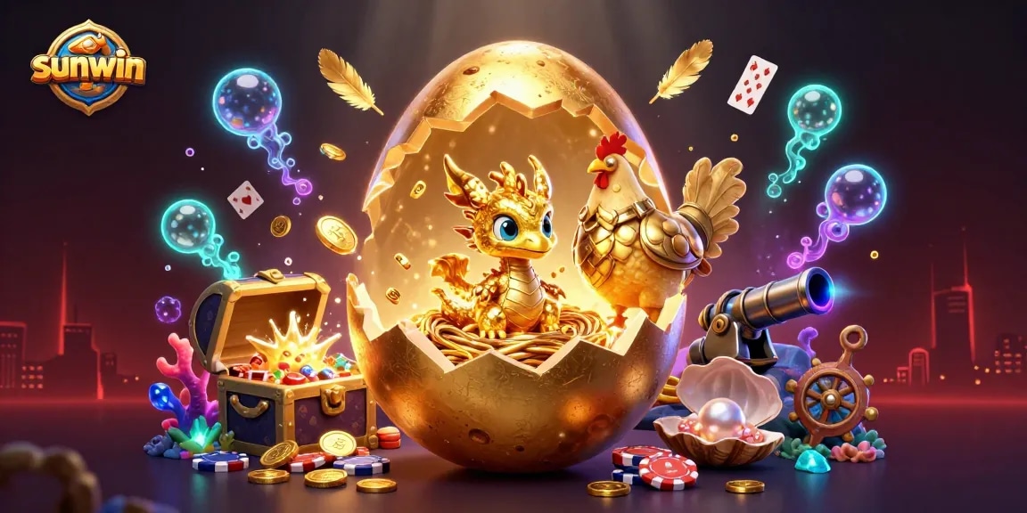 Experience thrilling games at sunwin with a golden dragon guarding poker chips amidst magical treasures.