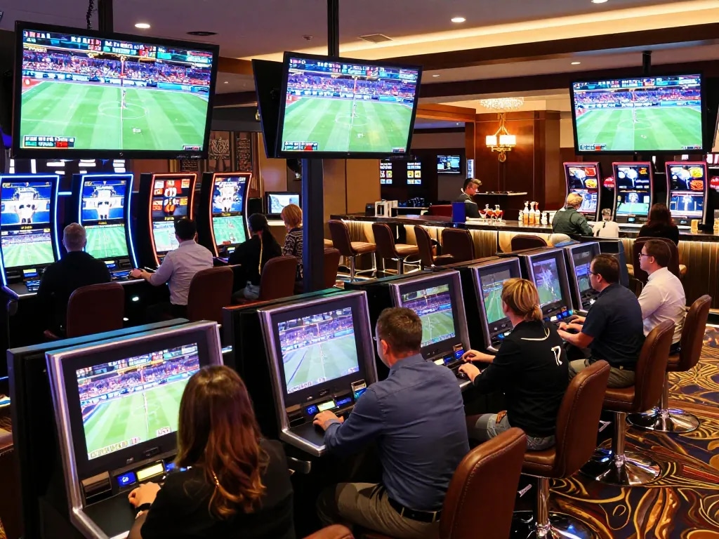 Bsport sports bettors engaging with live betting kiosks at a vibrant casino.