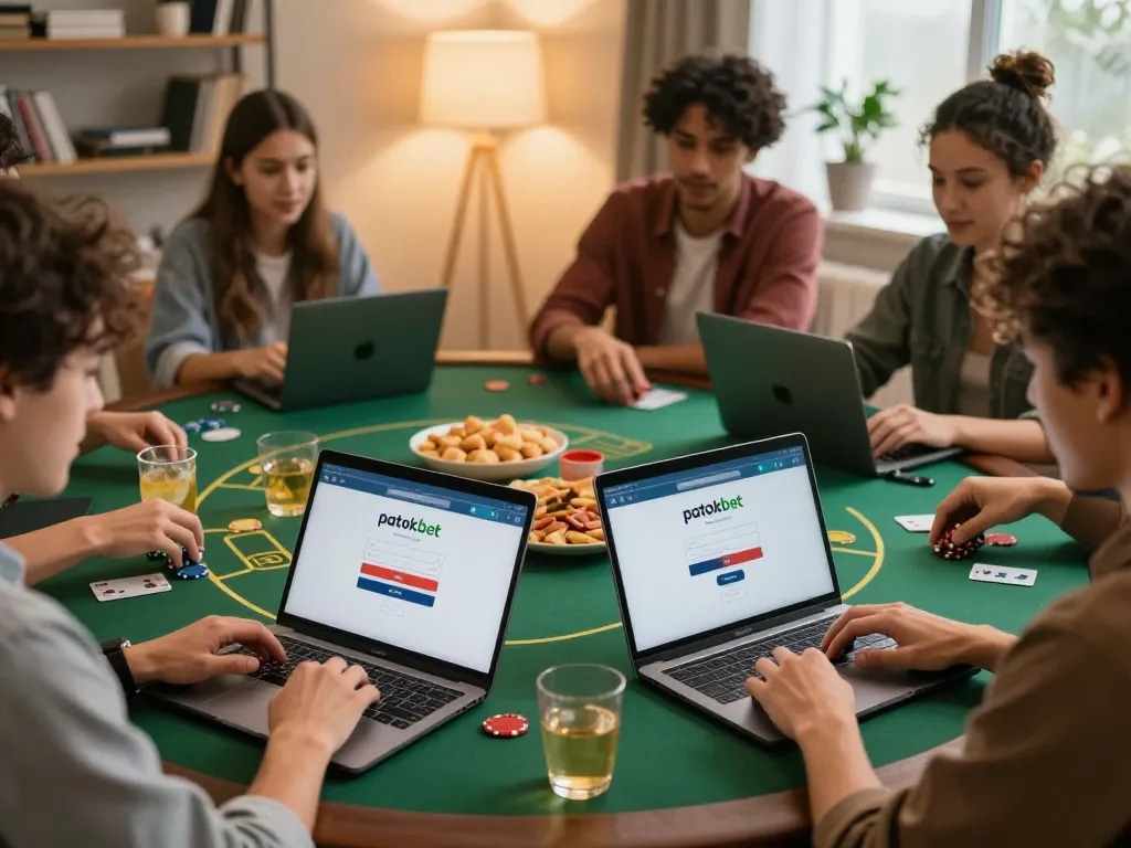 Friends using the patokbet login at home for an exciting online poker game, cozy atmosphere and snacks.
