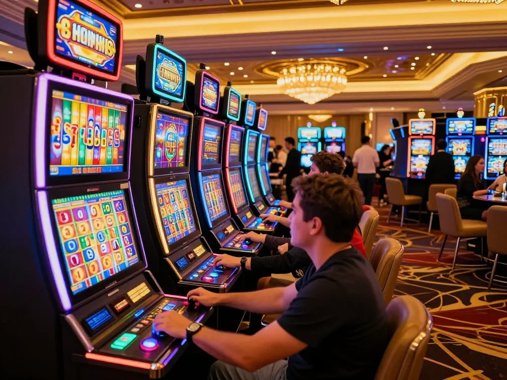 Engaging players enjoying slot games at an exciting casino, showcasing https://tr88k.com/ vibrant atmosphere.
