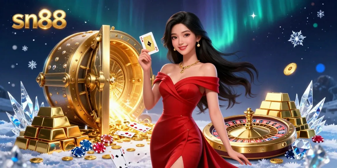 Experience thrilling games at sn88 with a confident player holding a golden card beside a roulette wheel.