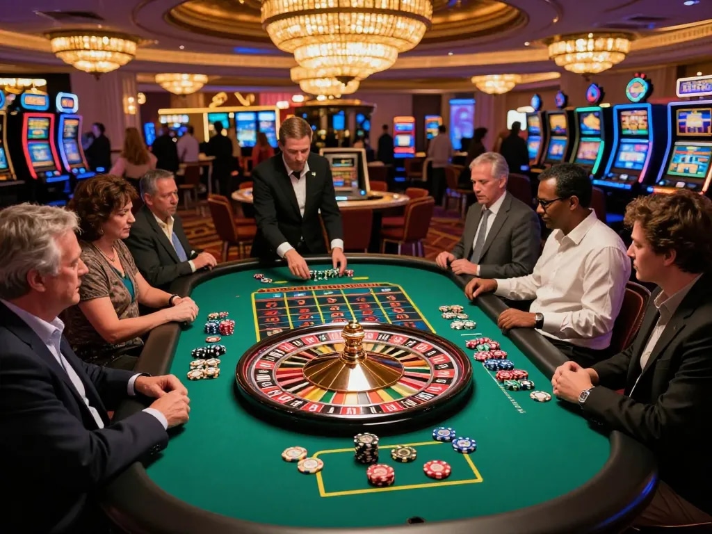 MM88 players placing bets at a vibrant roulette table in a luxurious casino atmosphere.