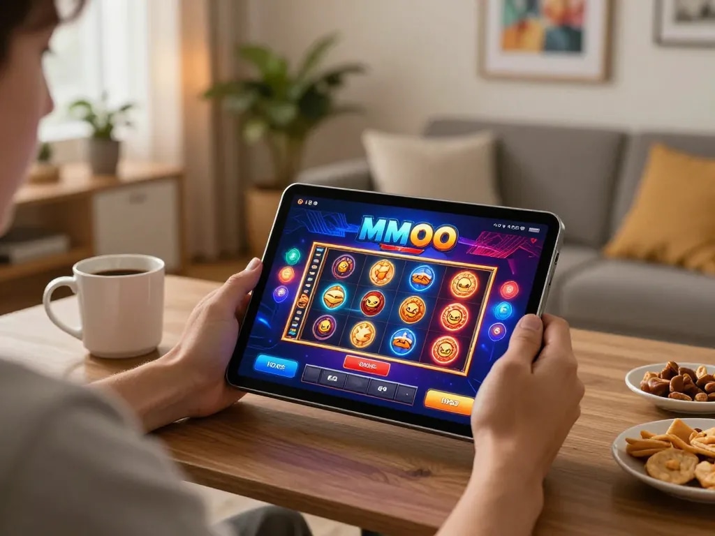 Player enjoying MMOO casino games on tablet in cozy home setting, showcasing responsive app interface.