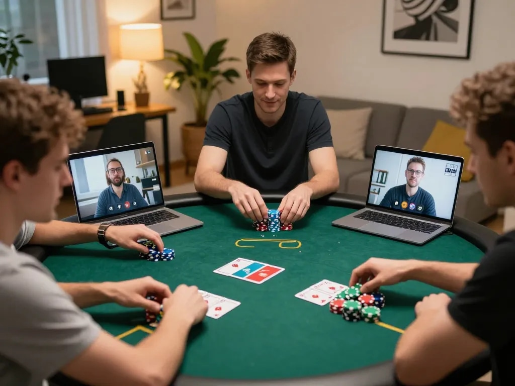 Players đăng ký for online poker game, showcasing colorful chips and engaged strategies in a cozy home office