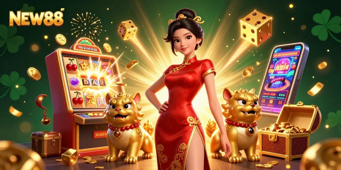 Experience the excitement of NEW88 with a glamorous scene of casino games and captivating characters.