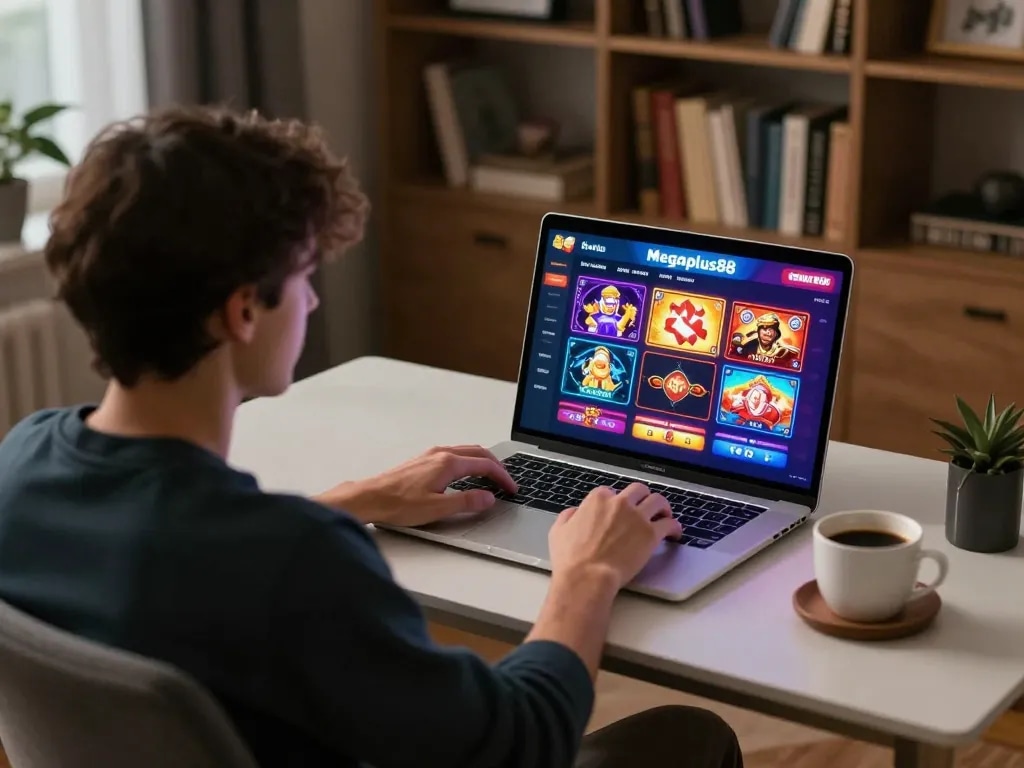 Player enjoying Megaplus88 online casino games in a warm home setting, laptop displaying vibrant game interface.