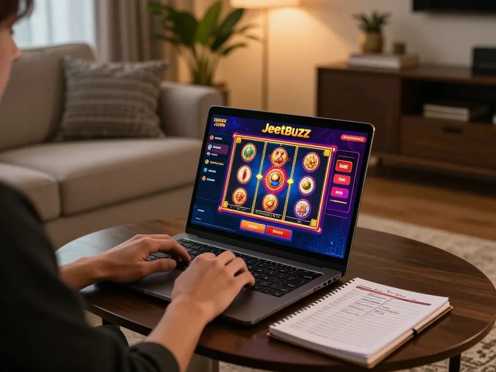 Player enjoying Jeetbuzz casino online on a laptop with strategic notes nearby.