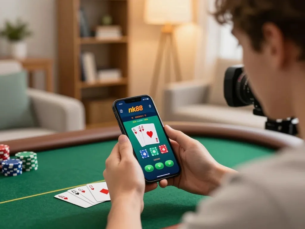 Intensely focused player using the nk88 app for mobile poker, showcasing strategic gameplay.