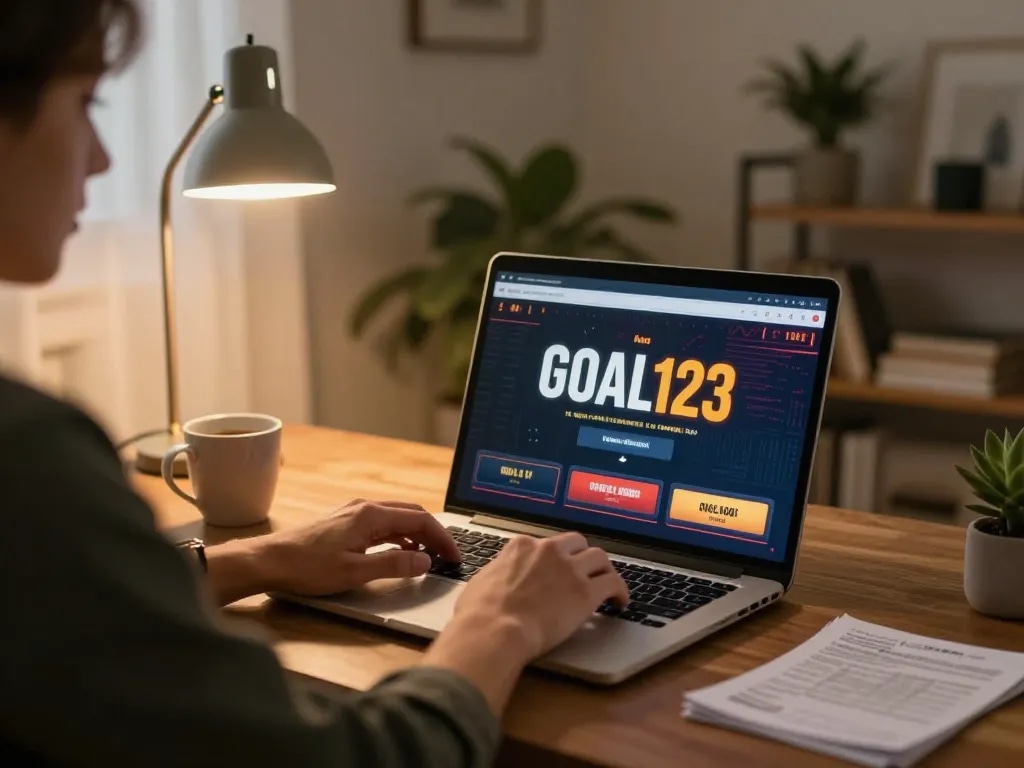 Engaging with goal123 casino online experience using a laptop in a cozy home setting