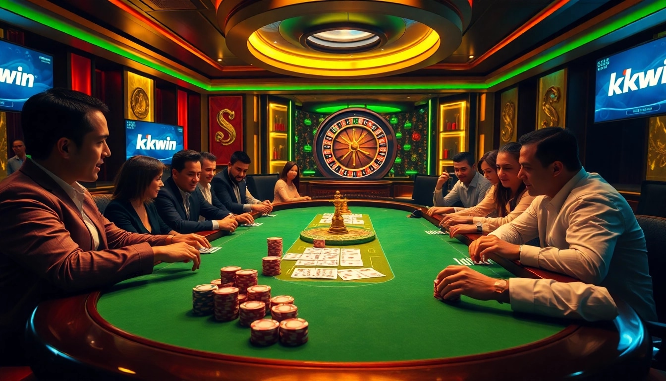 Experience the excitement at Kkwin's luxurious casino with vibrant poker tables and modern gaming elements.