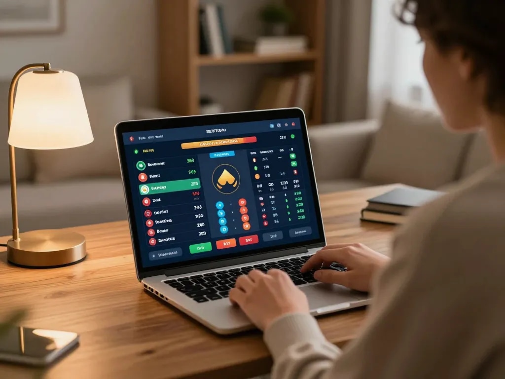 Engaging in sports betting with MM99 platform on a laptop at home, showcasing live odds and betting.