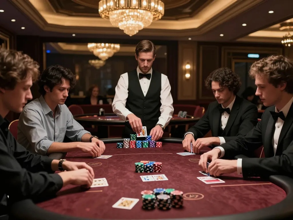 Players engage in high-stakes poker gameplay at LV88 casino, showcasing intense focus and luxury.