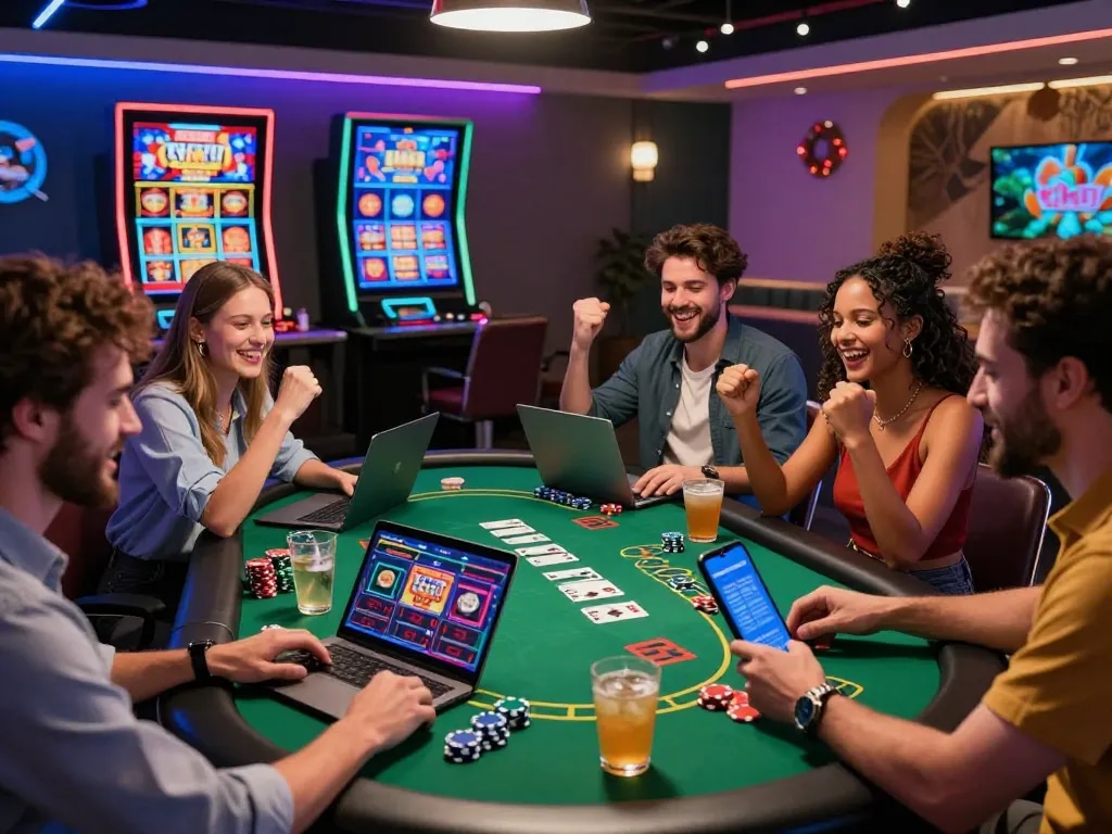 Alev casino 120.com players enjoying a lively online gaming experience with vibrant slot graphics and celebratory mood.