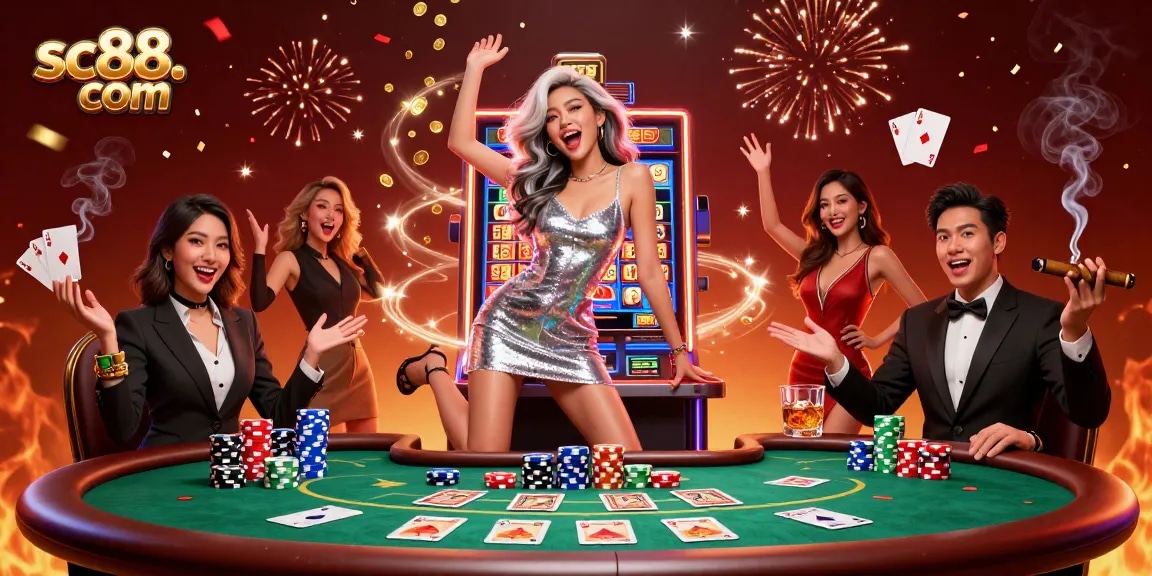 Win big at sc88. com with vibrant casino excitement featuring a celebratory slot machine.