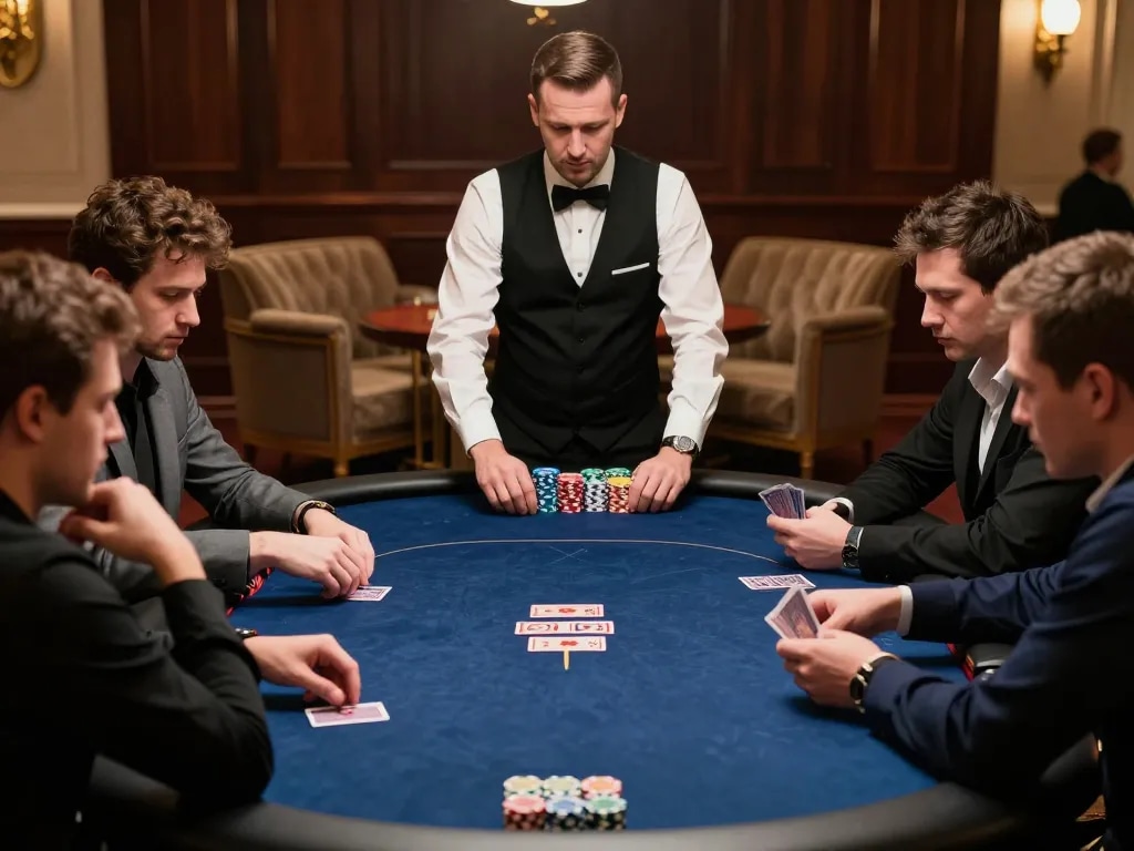 Players engaged in a high-stakes poker game at a lavish table, showcasing da88 strategy in action.