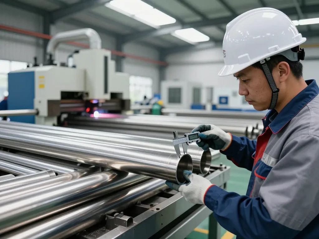 Skilled worker measuring stainless steel pipes in a modern manufacturing setup for sumwin quality assurance.
