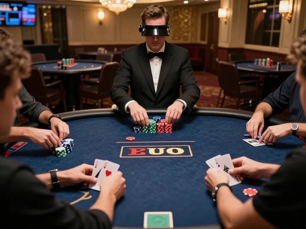 GEMWIN players engaged in high-stakes poker strategy with chips and cards, showcasing excitement in a luxurious casino.