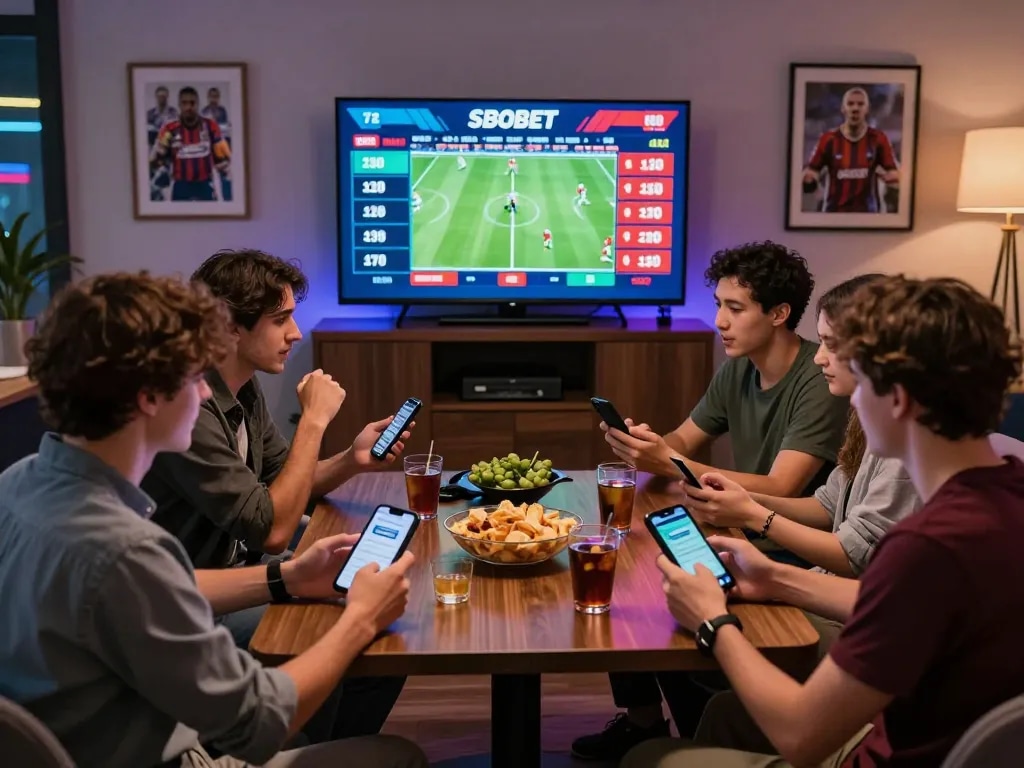 SBOBET sports betting scene with friends enjoying live odds and gaming excitement