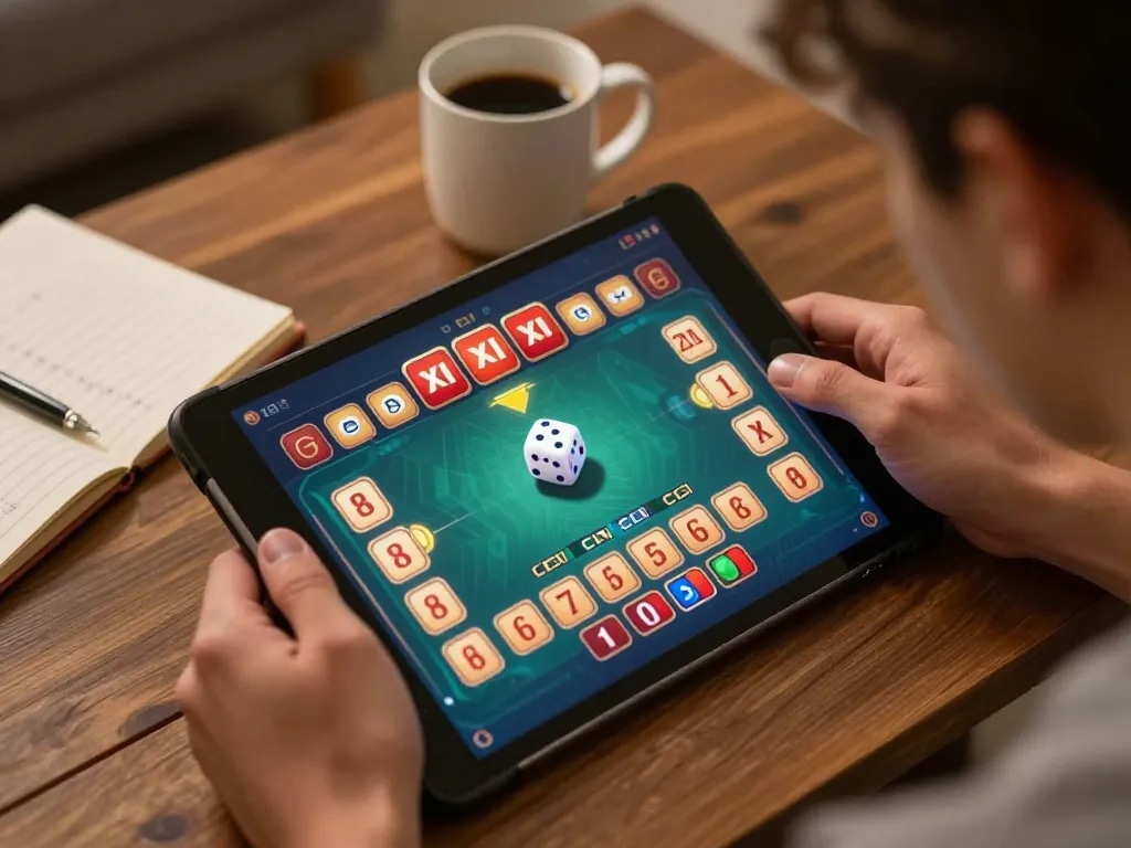 Engaging with tai xiu online game on a tablet in a cozy setting.