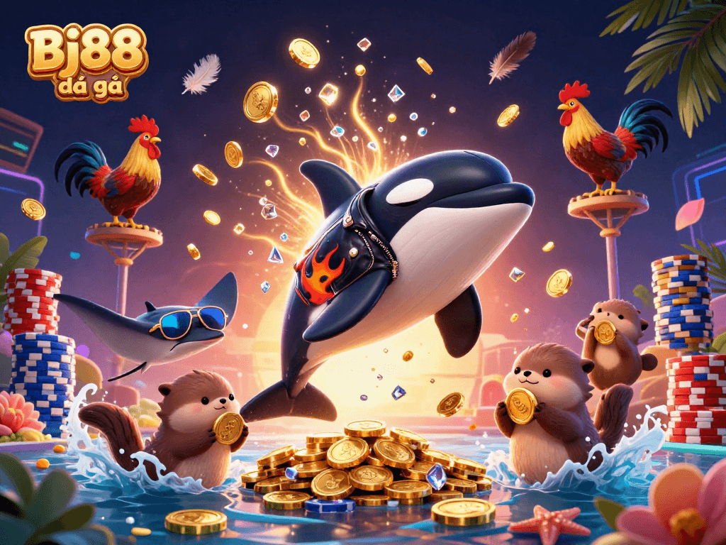 A dynamic casino scene featuring Bj88 đá gà with an orca whale and sea otters in action.