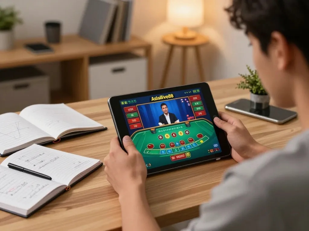 Engaging player using Link Alternatif Asialive88 on a tablet during an exciting live baccarat game.