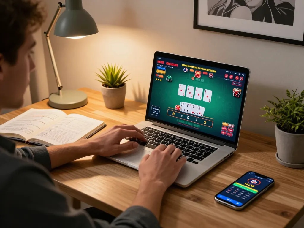 Suasana permainan daring Planet77 dengan seorang pemain yang terlibat dalam permainan blackjack strategis di rumah