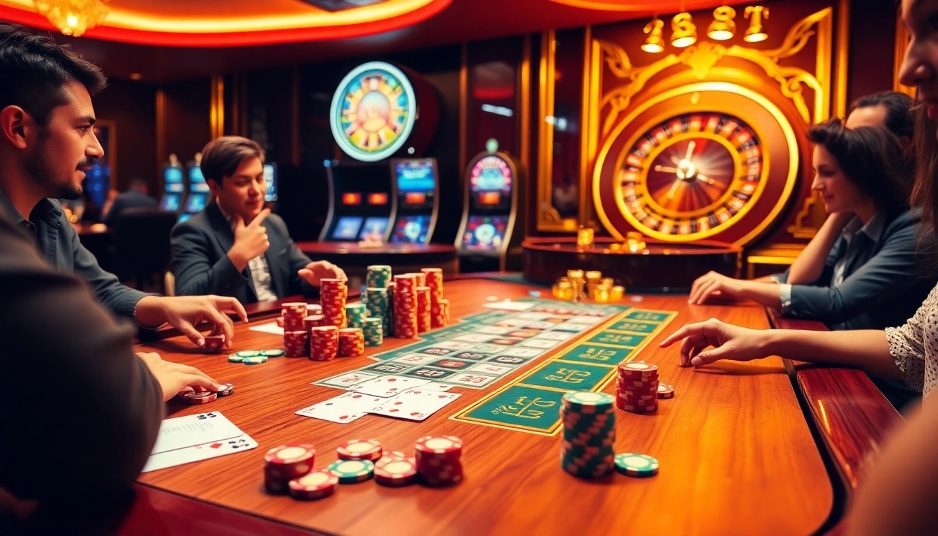 Players engaging at the new88 casino table with vibrant chips and cards.