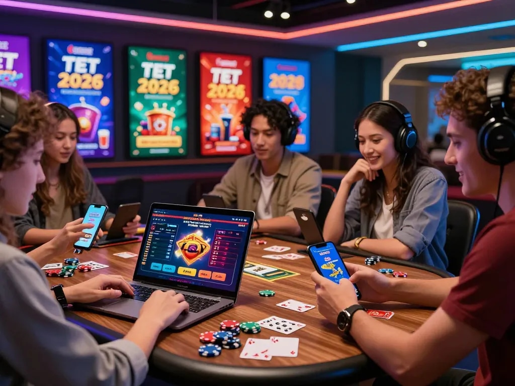 Friends enjoying gaming on UU88 platform with vibrant Tet 2026 promotions.