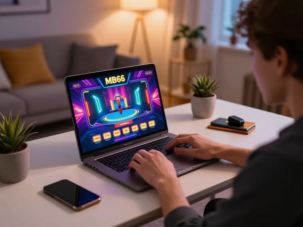Player engaging with MB66 online casino on a laptop, warm home lighting and game graphics.