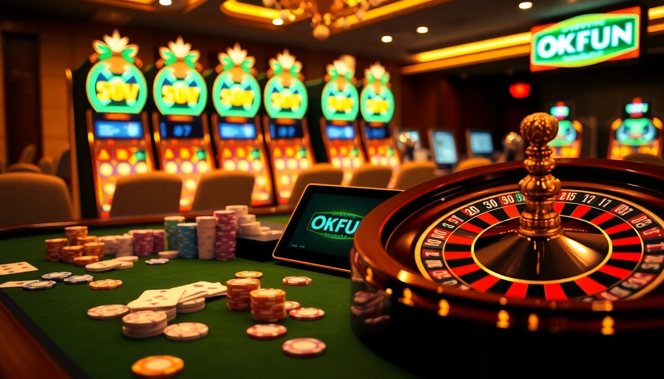 Placing bets on the OKFUN platform at a vibrant casino table filled with poker chips and cards.