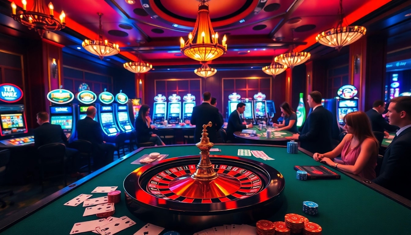 High-stakes gaming tables at 8day casino with vibrant roulette action and colorful poker chips.